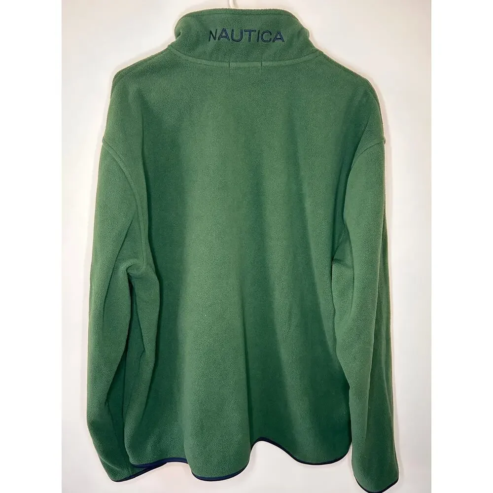 Nautica Men's XL Green Quarter Zip Fleece Pullover Navy Trim Embroidered Logo